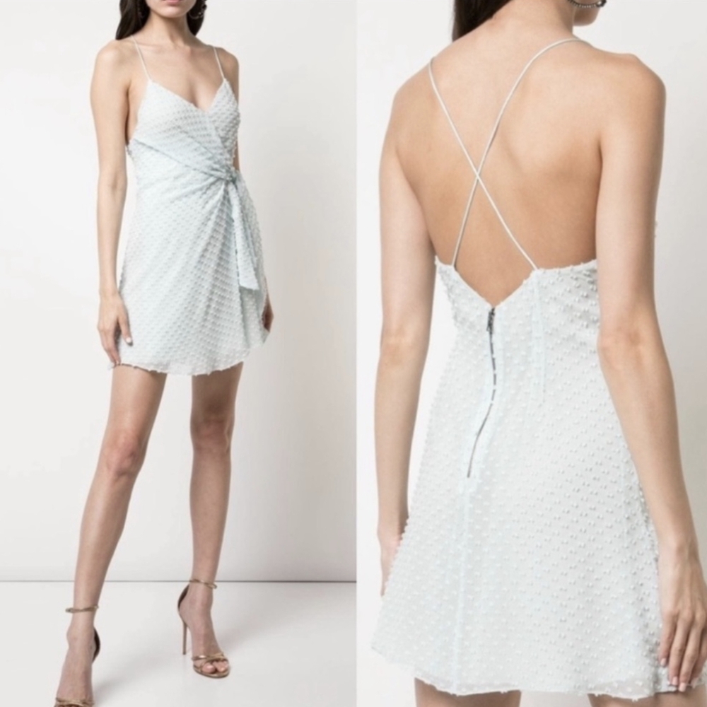 Alice + Olivia Silk Swiss Dot Faux Wrap Mini Strappy Dress Mint Green Blue 4